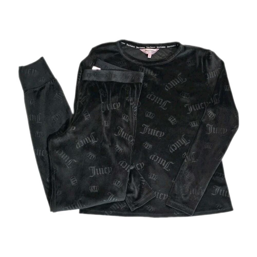 Juicy Couture PJ Set L Black Velour Pajamas Y2K McBling Embossed Crown Logo Brat